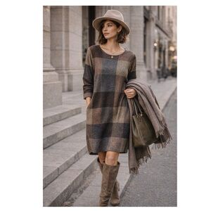 O-NELCE Patchwork Knit Plaid Knee Length Shift Dress Earth Tone Sz M Lagenlook